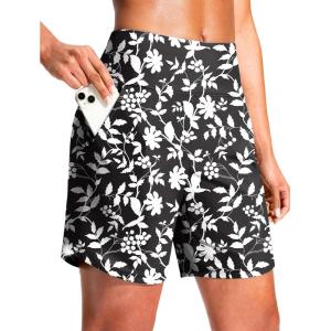 imageG Gradual Womens 7quot Quick Dry Swim Board Shorts Swimming Bottoms High Waisted Beach Shorts for Women with Liner PocketsD White Flower