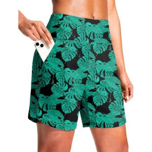 imageG Gradual Womens 7quot Quick Dry Swim Board Shorts Swimming Bottoms High Waisted Beach Shorts for Women with Liner PocketsLeaf