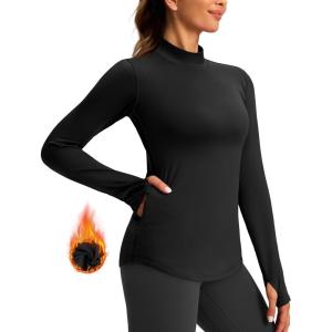 imageThermal Shirts for Women Long Sleeve Mock Neck Fleece Tops Running Workout Cold Weather Gear with Zip PocketBlack
