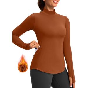 imageThermal Shirts for Women Long Sleeve Mock Neck Fleece Tops Running Workout Cold Weather Gear with Zip PocketBrick Red