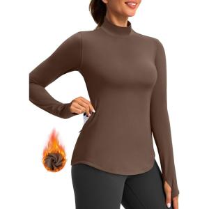 imageThermal Shirts for Women Long Sleeve Mock Neck Fleece Tops Running Workout Cold Weather Gear with Zip PocketBrown