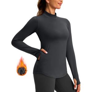 imageThermal Shirts for Women Long Sleeve Mock Neck Fleece Tops Running Workout Cold Weather Gear with Zip PocketDark Gray
