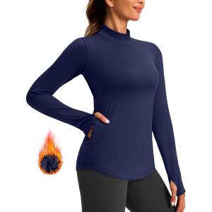 imageThermal Shirts for Women Long Sleeve Mock Neck Fleece Tops Running Workout Cold Weather Gear with Zip PocketNavy