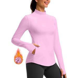 imageThermal Shirts for Women Long Sleeve Mock Neck Fleece Tops Running Workout Cold Weather Gear with Zip PocketPink