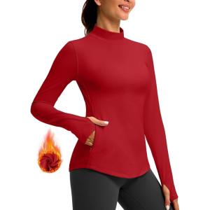 imageThermal Shirts for Women Long Sleeve Mock Neck Fleece Tops Running Workout Cold Weather Gear with Zip PocketRed
