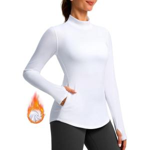 imageThermal Shirts for Women Long Sleeve Mock Neck Fleece Tops Running Workout Cold Weather Gear with Zip PocketWhite