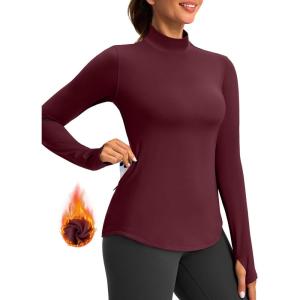 imageThermal Shirts for Women Long Sleeve Mock Neck Fleece Tops Running Workout Cold Weather Gear with Zip PocketWine