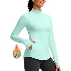 imageThermal Shirts for Women Long Sleeve Mock Neck Fleece Tops Running Workout Cold Weather Gear with Zip PocketZaqua