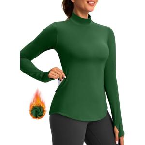 imageThermal Shirts for Women Long Sleeve Mock Neck Fleece Tops Running Workout Cold Weather Gear with Zip PocketZarmy Green