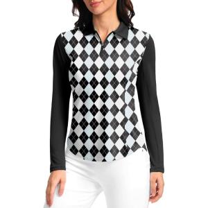 imageWomens Golf Shirts Lightweight UPF 50 Long Sleeve Shirts UV Protection Quick Dry Cool Polo Shirts for Women Work OutdoorBlack Plaid
