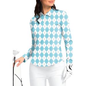 imageWomens Golf Shirts Lightweight UPF 50 Long Sleeve Shirts UV Protection Quick Dry Cool Polo Shirts for Women Work OutdoorBlue Plaid