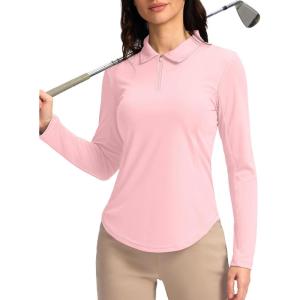 imageWomens Golf Shirts Lightweight UPF 50 Long Sleeve Shirts UV Protection Quick Dry Cool Polo Shirts for Women Work OutdoorPink