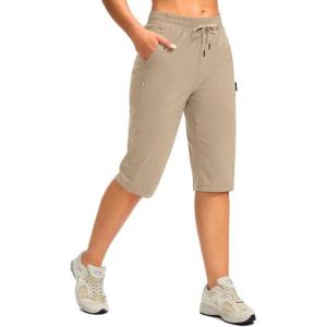 imageG Gradual Womens 15 Long Shorts Below The Knee Hiking Cargo Capris Stretch Quick Dry Bermuda Shorts for Women with PocketsLight Khaki
