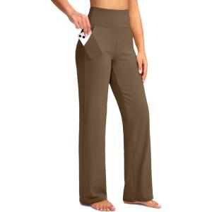 imageG Gradual Womens Yoga Pants Wide Leg wiht Pockets High Waist Stretch Loose Casual Lounge Sweatpants PetiteRegularTallBrown