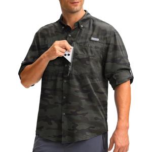 imageMens Long Sleeve Sun Protection Fishing Shirt with Zipper Pockets UPF 50 Lightweight Cool Sun Shirts for Men Hiking OutdoorGreen Camo