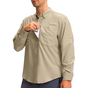 imageMens Long Sleeve Sun Protection Fishing Shirt with Zipper Pockets UPF 50 Lightweight Cool Sun Shirts for Men Hiking OutdoorKhaki