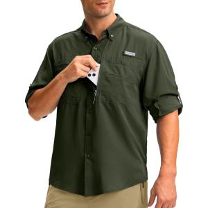 imageMens Long Sleeve Sun Protection Fishing Shirt with Zipper Pockets UPF 50 Lightweight Cool Sun Shirts for Men Hiking OutdoorOlive