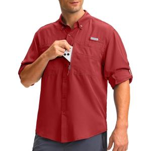 imageMens Long Sleeve Sun Protection Fishing Shirt with Zipper Pockets UPF 50 Lightweight Cool Sun Shirts for Men Hiking OutdoorRed