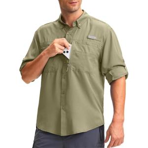 imageMens Long Sleeve Sun Protection Fishing Shirt with Zipper Pockets UPF 50 Lightweight Cool Sun Shirts for Men Hiking OutdoorSage Green