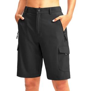 imageWomens 10quot Hiking Golf Long Shorts with 5 Pockets Knee Length Lightweight Quick Dry Cargo Bermuda Shorts for WomenBlack