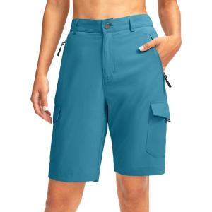 imageWomens 10quot Hiking Golf Long Shorts with 5 Pockets Knee Length Lightweight Quick Dry Cargo Bermuda Shorts for WomenBlue