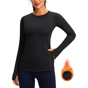 imageWomens Thermal Fleece Tops Long Sleeve Workout Shirts Running Athletic Base Layer with Thumb Holes Zipper PocketBlack