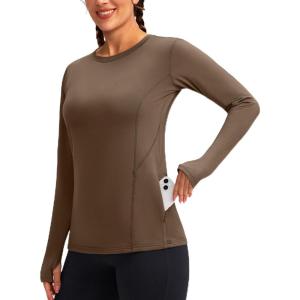 imageWomens Thermal Fleece Tops Long Sleeve Workout Shirts Running Athletic Base Layer with Thumb Holes Zipper PocketBrown