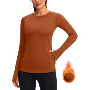 imageWomens Thermal Fleece Tops Long Sleeve Workout Shirts Running Athletic Base Layer with Thumb Holes Zipper PocketCaramel