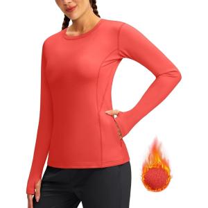 imageWomens Thermal Fleece Tops Long Sleeve Workout Shirts Running Athletic Base Layer with Thumb Holes Zipper PocketCoral