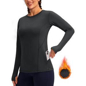 imageWomens Thermal Fleece Tops Long Sleeve Workout Shirts Running Athletic Base Layer with Thumb Holes Zipper PocketDark Gray