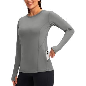 imageWomens Thermal Fleece Tops Long Sleeve Workout Shirts Running Athletic Base Layer with Thumb Holes Zipper PocketLight Grey