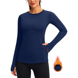 imageWomens Thermal Fleece Tops Long Sleeve Workout Shirts Running Athletic Base Layer with Thumb Holes Zipper PocketNavy