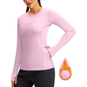 imageWomens Thermal Fleece Tops Long Sleeve Workout Shirts Running Athletic Base Layer with Thumb Holes Zipper PocketPink