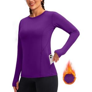 imageWomens Thermal Fleece Tops Long Sleeve Workout Shirts Running Athletic Base Layer with Thumb Holes Zipper PocketPurple