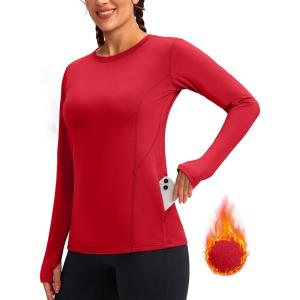imageWomens Thermal Fleece Tops Long Sleeve Workout Shirts Running Athletic Base Layer with Thumb Holes Zipper PocketRed