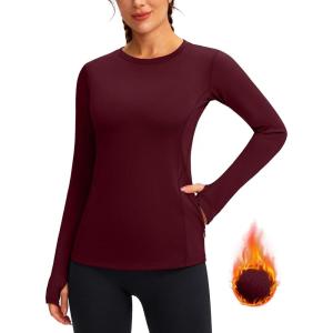 imageWomens Thermal Fleece Tops Long Sleeve Workout Shirts Running Athletic Base Layer with Thumb Holes Zipper PocketWine