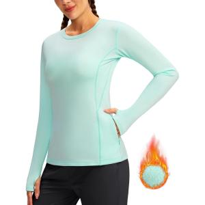 imageWomens Thermal Fleece Tops Long Sleeve Workout Shirts Running Athletic Base Layer with Thumb Holes Zipper PocketZaqua