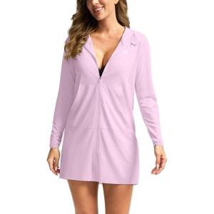 imageWomens UPF 50 Swim Cover Up Sun Protection Hoodie Long Jacket SPF Lightweight Beach Cover Ups for WomenPink