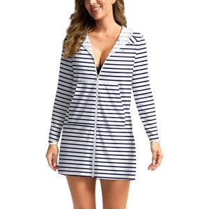 imageWomens UPF 50 Swim Cover Up Sun Protection Hoodie Long Jacket SPF Lightweight Beach Cover Ups for WomenSea Stripe