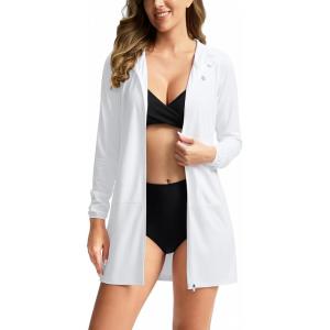 imageWomens UPF 50 Swim Cover Up Sun Protection Hoodie Long Jacket SPF Lightweight Beach Cover Ups for WomenWhite
