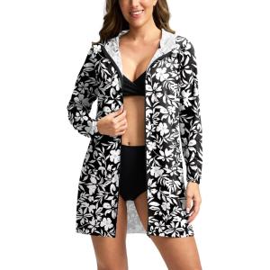 imageWomens UPF 50 Swim Cover Up Sun Protection Hoodie Long Jacket SPF Lightweight Beach Cover Ups for WomenWhite Flower