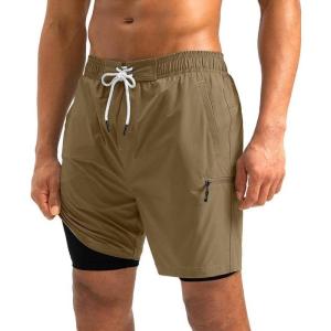 imageG Gradual Mens Swim Trunks with Compression Liner 5 inch Inseam Quick Dry Bathing Suits with Zipper PocketNo Thigh ChafingDark Khaki