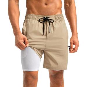imageG Gradual Mens Swim Trunks with Compression Liner 5 inch Inseam Quick Dry Bathing Suits with Zipper PocketNo Thigh ChafingKhaki