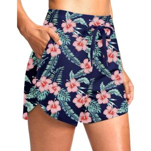 imageG Gradual Womens 4 High Waisted Swim Board Shorts Quick Dry Swimming Bathing Suit Bottoms for Women with Pockets LinerNavy Flower