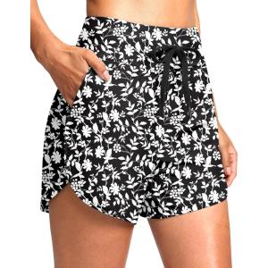 imageG Gradual Womens 4 High Waisted Swim Board Shorts Quick Dry Swimming Bathing Suit Bottoms for Women with Pockets LinerWhite Flower