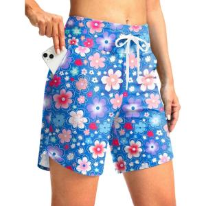 imageG Gradual Womens 7quot High Waisted Swim Board Shorts with Pockets Quick Dry Beach Swimming Shorts for Women with LinerBlue Flower