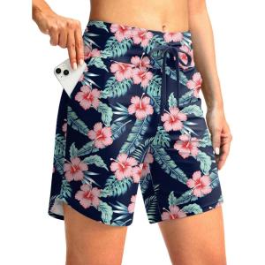 imageG Gradual Womens 7quot High Waisted Swim Board Shorts with Pockets Quick Dry Beach Swimming Shorts for Women with LinerNavy Flower
