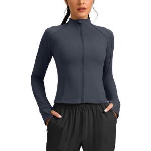 imageG Gradual Womens Cropped Workout Jacket Slim Fit Full Zip Athletic Running Gym Jackets for Women with Thumb Holes PocketsDusty BlueM