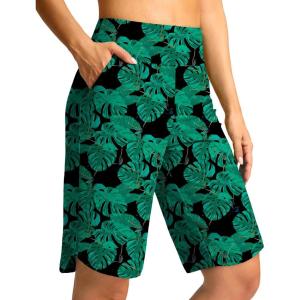 imageG Gradual Womens High Waisted Swim Board Shorts 11quot Knee Length Beach Swimming Long Shorts for Women with Pockets LinerLeaf