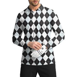 imageMens Polo Shirt Long Sleeve Golf Shirts Lightweight UPF 50 Sun Protection Cool Shirts for Men Work Fishing OutdoorGrey Argyle